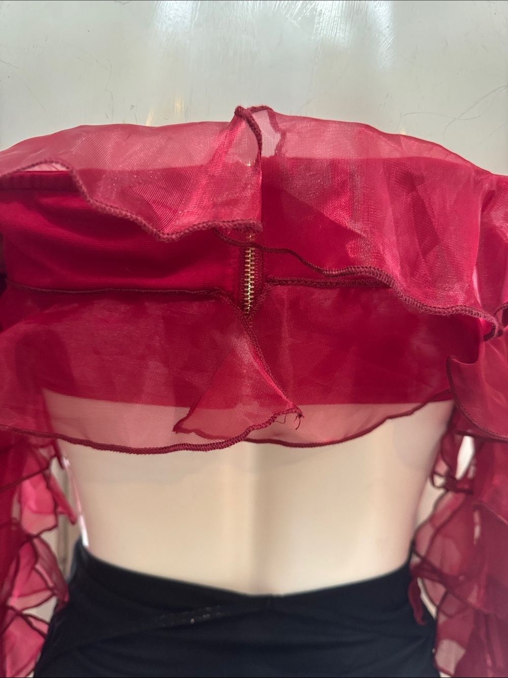 Anewsta Ruffled Off-Shoulder Crop Top in Fuchsia size small - Picture 9 of 13